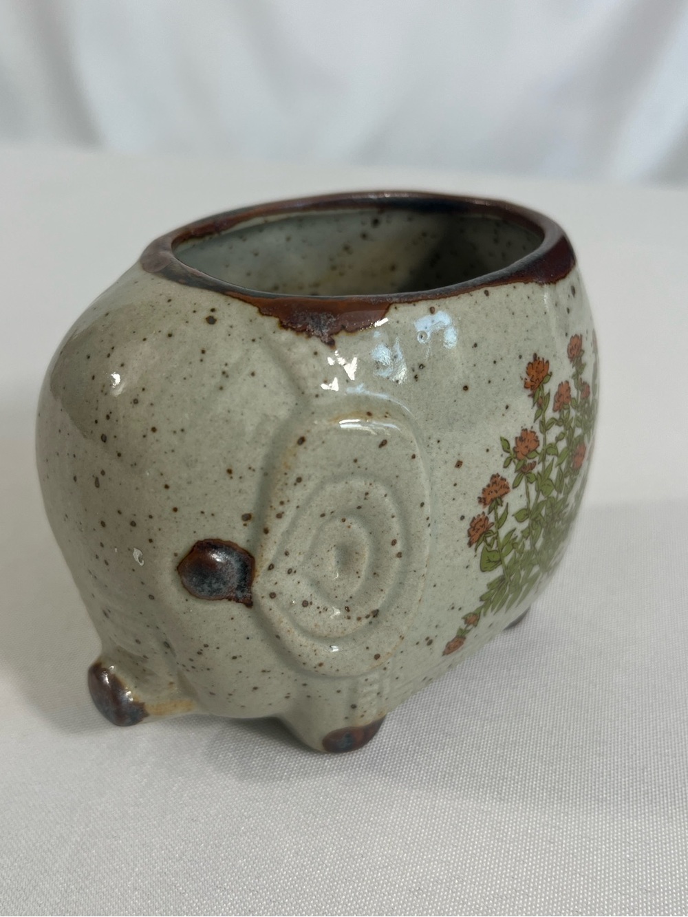 Vintage Elephant 3” Planter in Speckled Taupe Gray Flowers Geometric